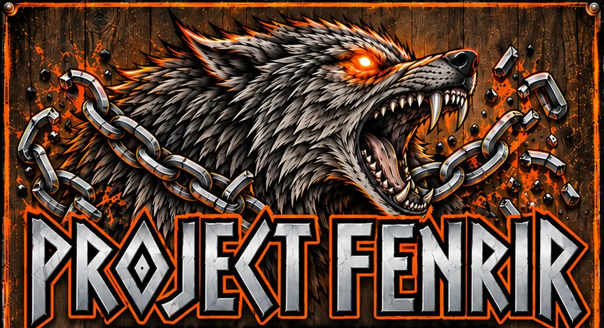 Project Fenrir: a snarling wolf breaking its chains above chrome Norse lettering